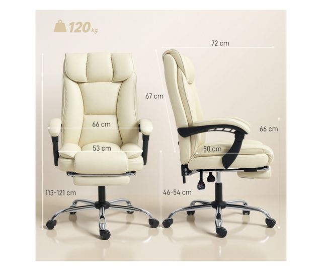 Dönthető irodai szék lábtartóval, dupla párnázással és műbőrrel, bézs