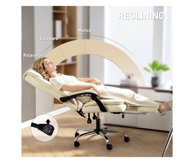 Dönthető irodai szék lábtartóval, dupla párnázással és műbőrrel, bézs