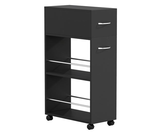 Konyhai kocsi 2 nyitott polccal, fiókkal és korlátokkal, fekete