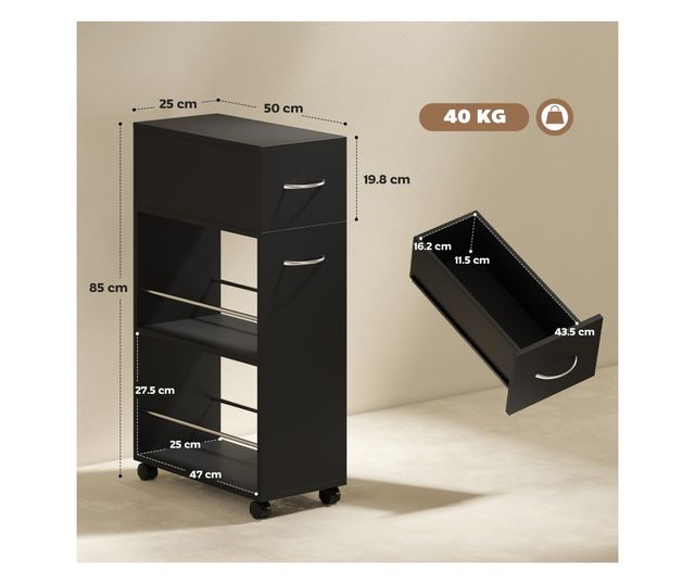 Konyhai kocsi 2 nyitott polccal, fiókkal és korlátokkal, fekete