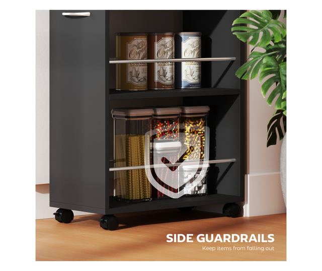 Konyhai kocsi 2 nyitott polccal, fiókkal és korlátokkal, fekete