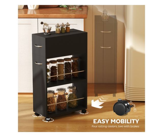 Konyhai kocsi 2 nyitott polccal, fiókkal és korlátokkal, fekete