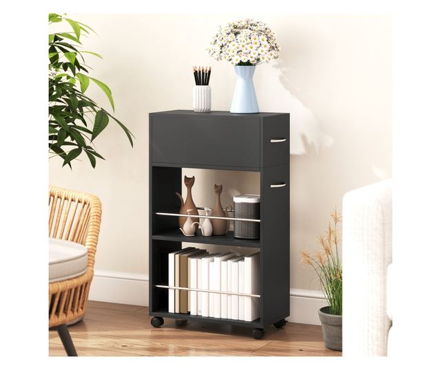 Konyhai kocsi 2 nyitott polccal, fiókkal és korlátokkal, fekete