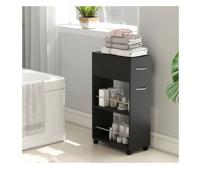 Konyhai kocsi 2 nyitott polccal, fiókkal és korlátokkal, fekete