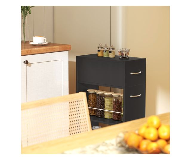 Konyhai kocsi 2 nyitott polccal, fiókkal és korlátokkal, fekete