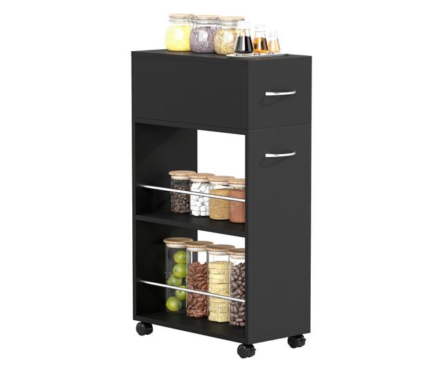 Konyhai kocsi 2 nyitott polccal, fiókkal és korlátokkal, fekete