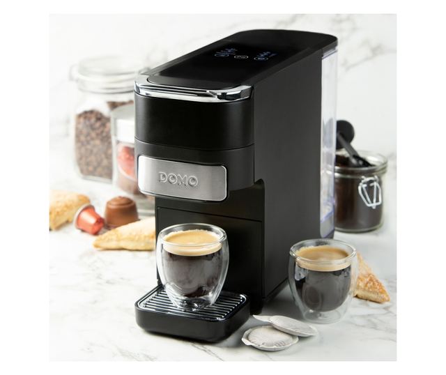 DOMO 4in1 automata eszpresszógép, 20 bar, 1.5 liter, Nespresso/Dolce Gusto/őrölt kávé/ESE pod kompatibilis, érintőpanel, kivehet