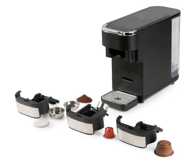 DOMO 4in1 automata eszpresszógép, 20 bar, 1.5 liter, Nespresso/Dolce Gusto/őrölt kávé/ESE pod kompatibilis, érintőpanel, kivehet
