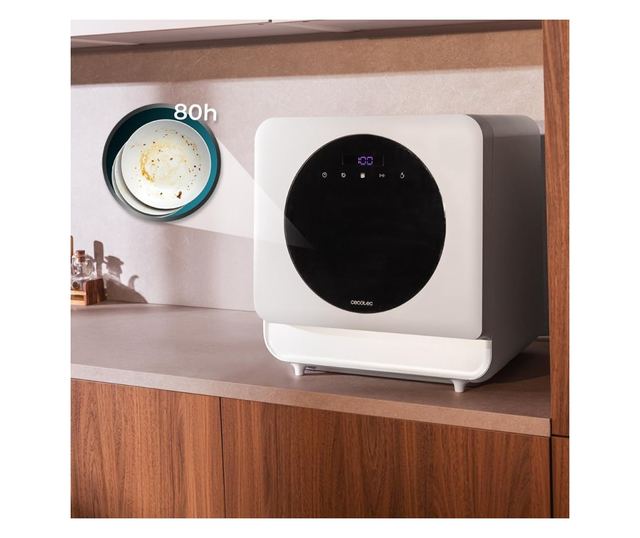 Mini mosogatógép, Cecotec Bolero Aguazero Mini, 2 az 1-ben hálózati/tartályos, 5 literes kapacitás, 6 program, fehér, 46x45.2x42