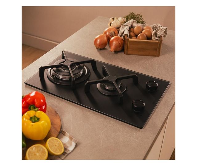 Cecotec beépíthető gázfőzőlap, Bolero Squad G, 29 cm, 1 WOK égő 3.4 kW, 1 félgyors égő 1.8 kW, öntöttvas rács, forgókapcsolók el