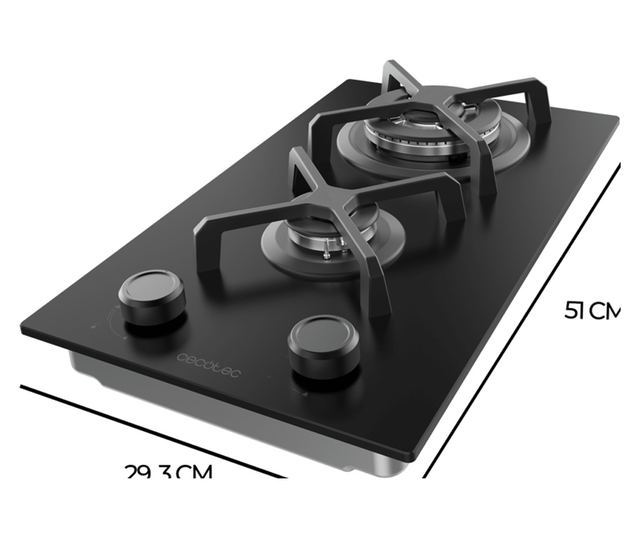 Cecotec beépíthető gázfőzőlap, Bolero Squad G, 29 cm, 1 WOK égő 3.4 kW, 1 félgyors égő 1.8 kW, öntöttvas rács, forgókapcsolók el