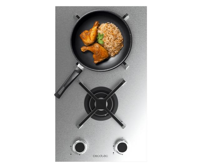Cecotec beépíthető gázfőzőlap, Bolero Squad G, 29 cm, 1 WOK égő 3.4 kW, 1 félgyors égő 1.8 kW, öntöttvas rács, forgókapcsolók el