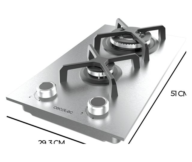 Cecotec beépíthető gázfőzőlap, Bolero Squad G, 29 cm, 1 WOK égő 3.4 kW, 1 félgyors égő 1.8 kW, öntöttvas rács, forgókapcsolók el