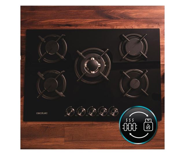 Cecotec Bolero Squad G beépíthető gázfőzőlap, 5 égős, 3.5 kW WOK égő, 75 cm, fekete