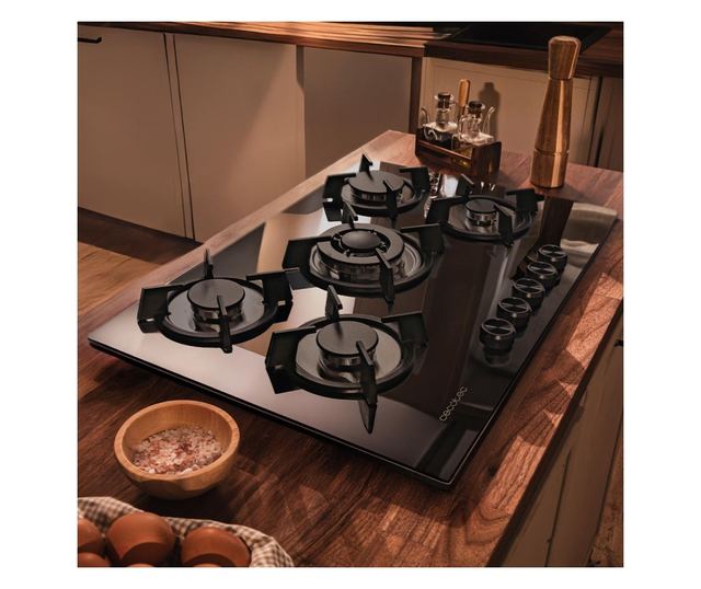Cecotec Bolero Squad G beépíthető gázfőzőlap, 5 égős, 3.5 kW WOK égő, 75 cm, fekete