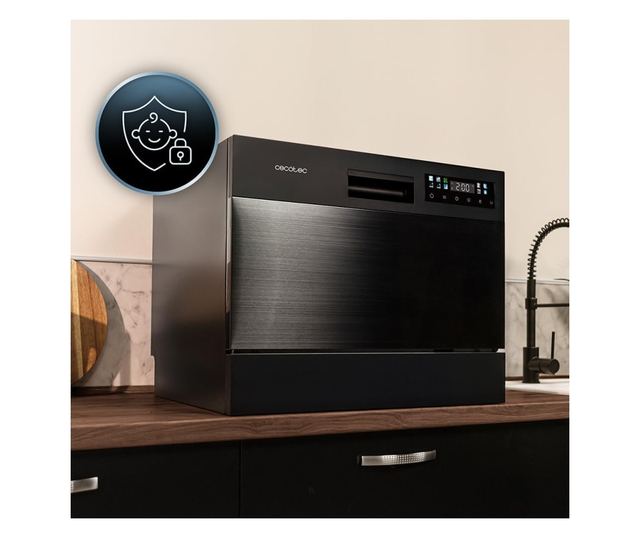 CECOTEC Bolero Aguazero Dark Mini beépíthető mini mosogatógép, 6 terítékes, 8 program, fekete, méretek 59x57.5x51.8cm
