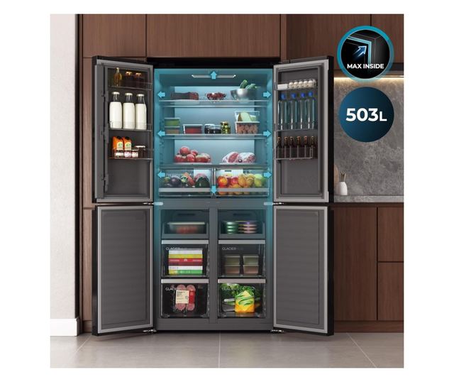 Cecotec Bolero CoolMarket 503L 4-ajtós Side-by-Side hűtőszekrény, fekete