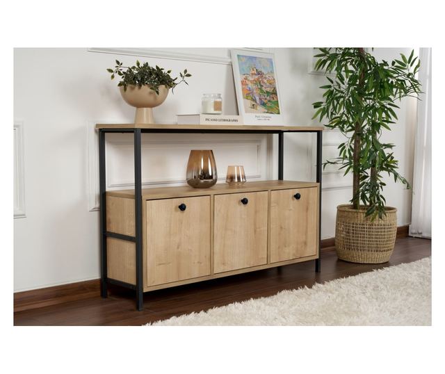 Hannah Home Komód, 100% Forgácslap Melamin, Fém Váz, 120x75x30 cm, Solace Tölgy Fekete