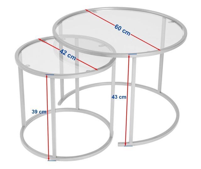 2 db kávézóasztal szett, Hannah Home, 100% edzett üveg 4 mm vastag, 100% fém szerkezet, 42x39x42 cm, 60x43x60 cm, Arany