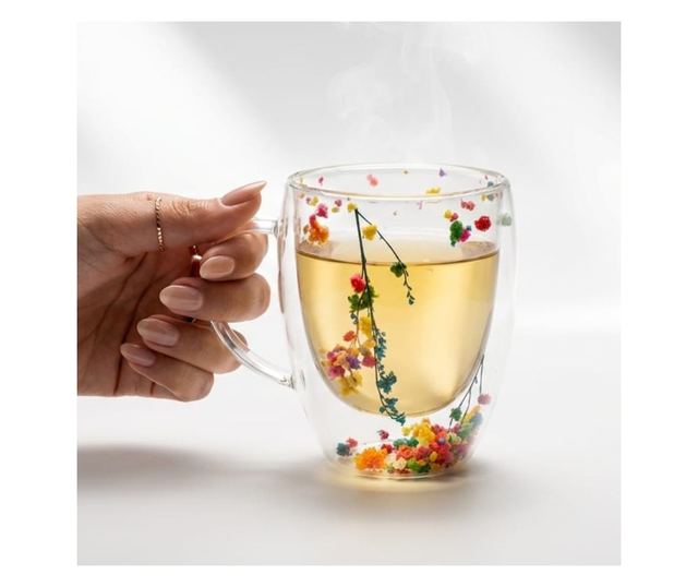 Aurora Bloom Duplafalú Boroszilikát Üveg Bögre Szárított Virágokkal, 350ml
