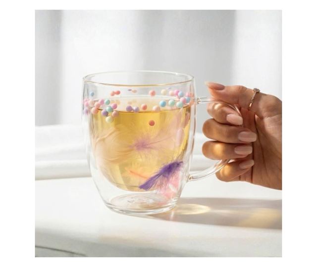 Duplafalú üveg bögre toll- és pasztellgyöngy betéttel, 350 ml, Aurora Bloom
