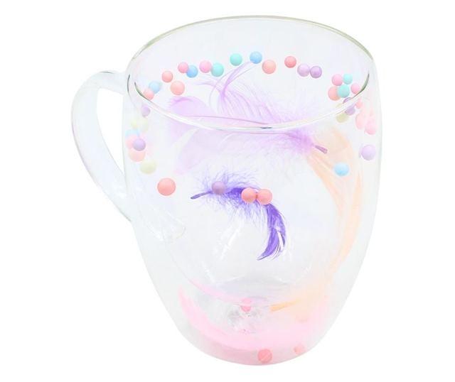 Duplafalú üveg bögre toll- és pasztellgyöngy betéttel, 350 ml, Aurora Bloom