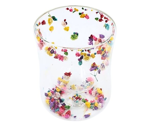 Többszínű szárított virágbetétes, dupla falú boroszilikát üveg pohár, 200 ml, Aurora Bloom