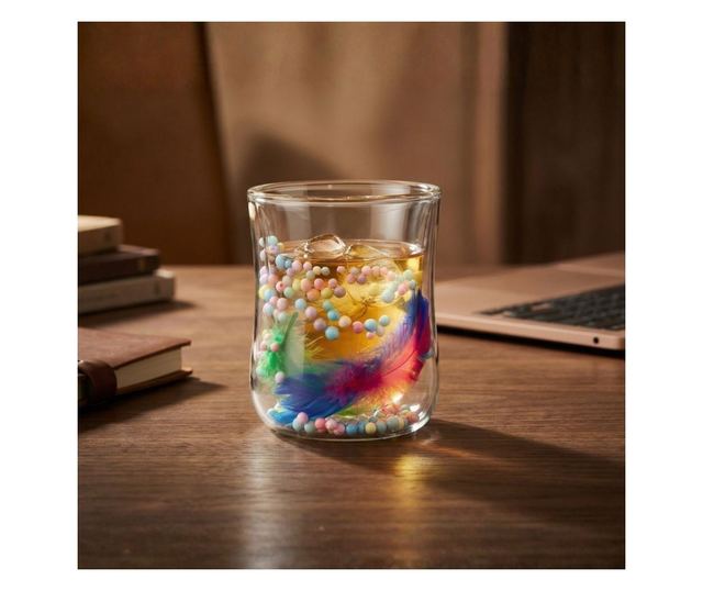 Üveg lila, zöld tollbetéttel és pasztell színű gyöngyökkel, dupla falú, boroszilikát üveg, 200 ml, Aurora Bloom