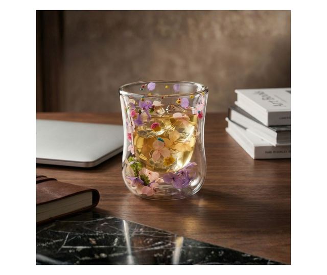 Üveg szárított virágbetéttel, hortenziák és limonium pasztell színekben, dupla falú, boroszilikát üveg, 200 ml, Aurora Bloom