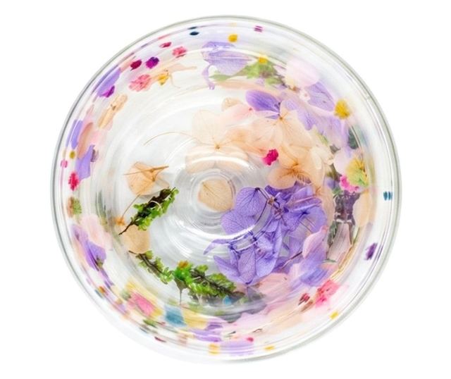Üveg szárított virágbetéttel, hortenziák és limonium pasztell színekben, dupla falú, boroszilikát üveg, 200 ml, Aurora Bloom