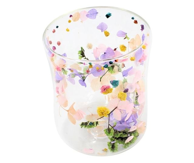 Üveg szárított virágbetéttel, hortenziák és limonium pasztell színekben, dupla falú, boroszilikát üveg, 200 ml, Aurora Bloom