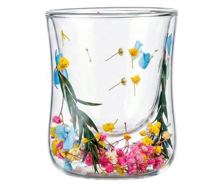 Sklenice s vložkou ze sušených květin,<bos> gypsophila žlutá, růžová a zelená, dvojitá stěna, borosilikátové sklo, 200 ml, Auror