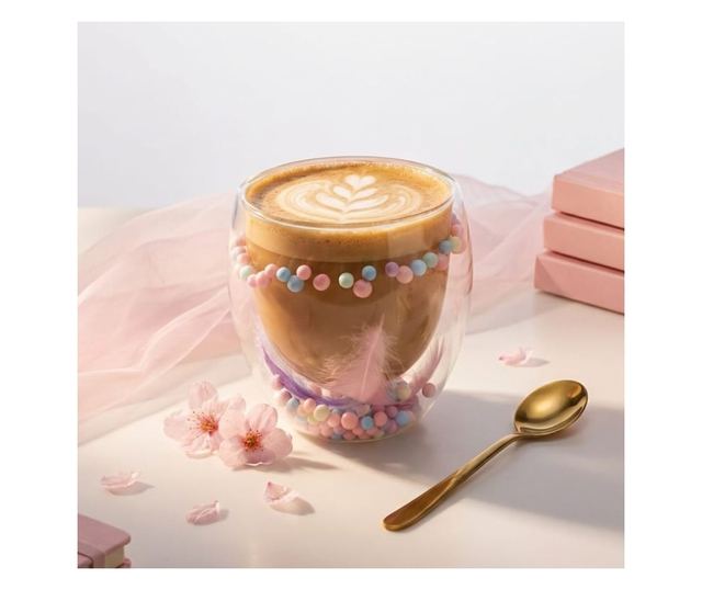 Üveg pasztell színű tollakkal és gyöngyökkel, rózsaszín és lila, dupla falú, boroszilikát üveg, 250 ml, Aurora Bloom