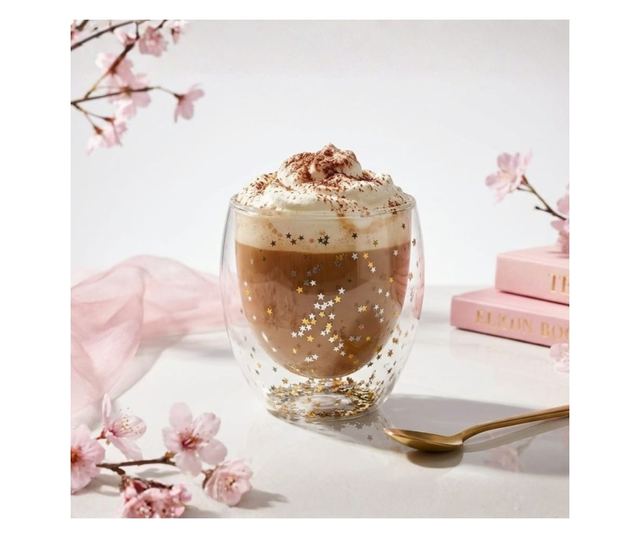 Üveg szürke és arany csillám konfetti betéttel, dupla falú, boroszilikát üveg, 250 ml, Aurora Glow