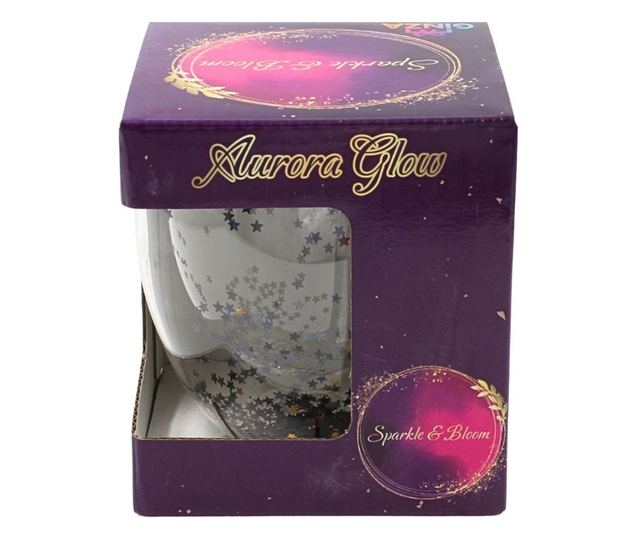 Üveg szürke és arany csillám konfetti betéttel, dupla falú, boroszilikát üveg, 250 ml, Aurora Glow