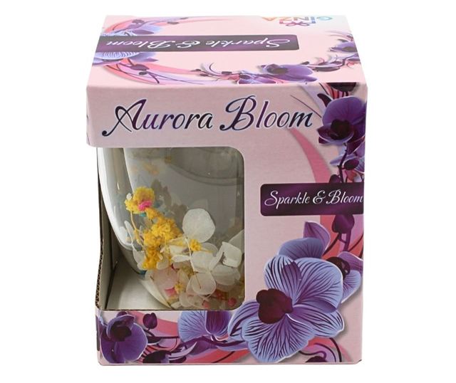 Üveg szárított virágbetéttel, hortenziával és menyasszonyi fátyollal, fehér és sárga, dupla falú, boroszilikát üveg, 250 ml, Aur