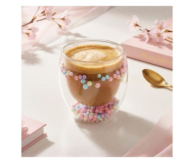 Üveg pasztell színű gyöngybetéttel, dupla falú, boroszilikát üveg, 250 ml, Aurora Bloom