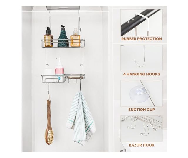 Belle Vous Zuhanypolc, 31 x 12 x 66 cm, 2 kosárral, 2 tapadókoronggal, törölközőtartóval, fúrás nélküli rögzítéssel, rozsdamente