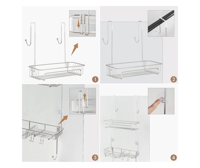 Belle Vous Zuhanypolc, 31 x 12 x 66 cm, 2 kosárral, 2 tapadókoronggal, törölközőtartóval, fúrás nélküli rögzítéssel, rozsdamente