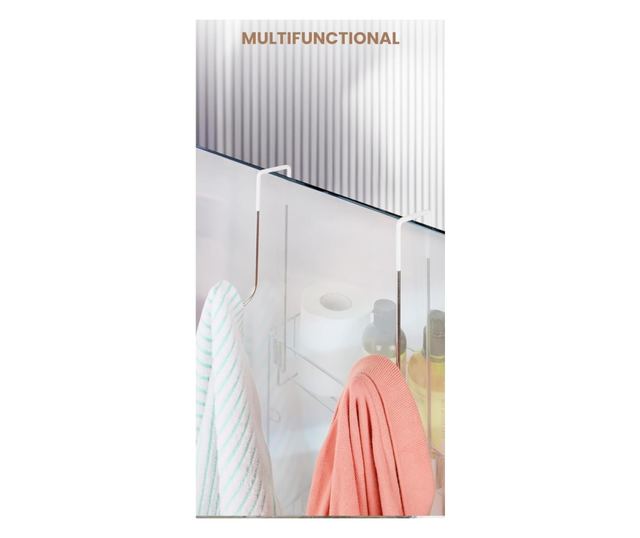 Belle Vous Zuhanypolc, 31 x 12 x 66 cm, 2 kosárral, 2 tapadókoronggal, törölközőtartóval, fúrás nélküli rögzítéssel, rozsdamente