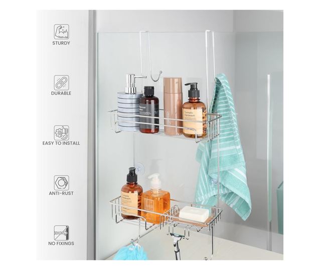 Belle Vous Zuhanypolc, 31 x 12 x 66 cm, 2 kosárral, 2 tapadókoronggal, törölközőtartóval, fúrás nélküli rögzítéssel, rozsdamente