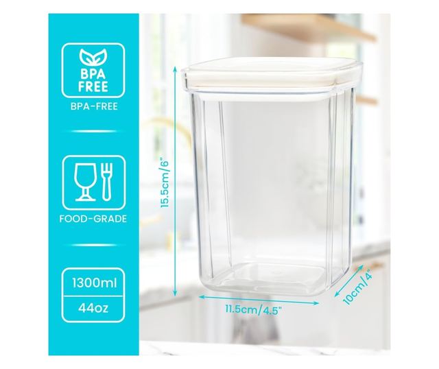 4 db Belle Vous Élelmiszer tároló, 1300 ml, PET műanyag, légmentesen záródó fedél, élelmiszer-szervezéshez, átlátszó