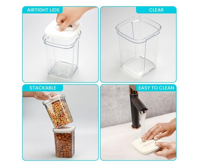 4 db Belle Vous Élelmiszer tároló, 1300 ml, PET műanyag, légmentesen záródó fedél, élelmiszer-szervezéshez, átlátszó