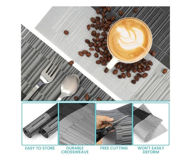 6 db Alátét Szett, Belle Vous, PVC, Téglalap alakú, Hőálló, Csúszásmentes és Mosható, 30 x 44,5 cm, Szürke/Fekete