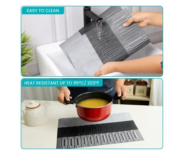 6 db Alátét Szett, Belle Vous, PVC, Téglalap alakú, Hőálló, Csúszásmentes és Mosható, 30 x 44,5 cm, Szürke/Fekete