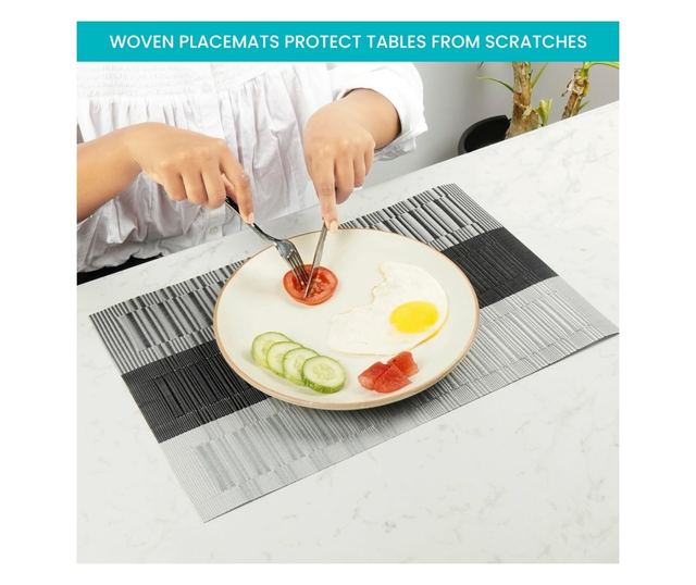 6 db Alátét Szett, Belle Vous, PVC, Téglalap alakú, Hőálló, Csúszásmentes és Mosható, 30 x 44,5 cm, Szürke/Fekete