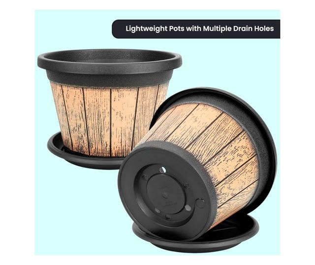 Belle Vous 3 db Hordó alakú virágcserép szett, 23 x 16 cm, Rusztikus dizájn, 8,5 L, Műanyag, vízelvezető lyukakkal és alátéttel,