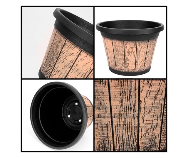 Belle Vous 3 db Hordó alakú virágcserép szett, 23 x 16 cm, Rusztikus dizájn, 8,5 L, Műanyag, vízelvezető lyukakkal és alátéttel,