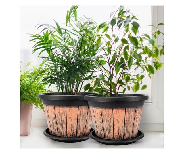 Belle Vous 3 db Hordó alakú virágcserép szett, 23 x 16 cm, Rusztikus dizájn, 8,5 L, Műanyag, vízelvezető lyukakkal és alátéttel,