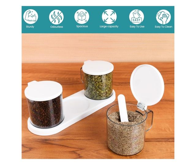 Belle Vous 3 db-os fűszertartó készlet, 400 ml, felnyitható tetővel, fogantyúval és kanállal, tálcával, sóhoz, borshoz, cukorhoz